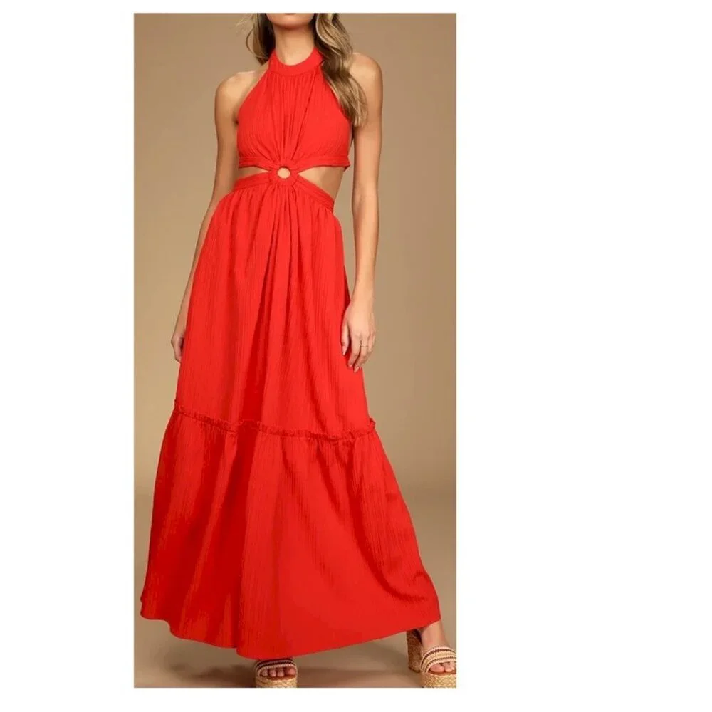 Lulus Island Vacay Red Tie-Back Maxi Dress Size XS New with Tags NWT_12